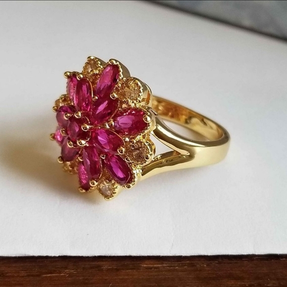 New 18K Gold Plated Ruby Diamond Flower Ring for Women - Picture 9 of 9
